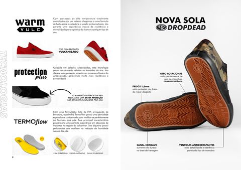 Duas páginas do catálogo. À esquerda, a página Tecnologias, com os selos Warm Vulc, Protection Plus e TermoFlow, cada um com um parágrafo e a foto de um tênis ou palmilha. À direita, a página Nova Sola, com um tênis de camuflado virado para mostrar o solado e chamadas apontando para giro rotacional, frisos, canal côncavo e ventosas antiderrapantes.