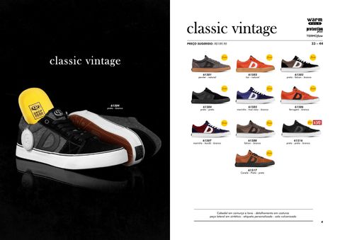 Duas páginas do catálogo. À esquerda, fundo preto com o texto classic vintage e um tênis preto com a palmilha amarela ao lado. À direita, fundo branco com o título classic vintage, o preço sugerido, a numeração 33 a 44 e uma grade de tênis, cada um com código e nome da cor.