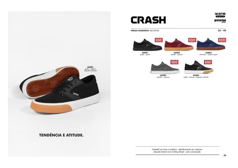 Duas páginas do catálogo. À esquerda, fundo cinza claro com um tênis preto de solado branco e caramelo e a frase “Tendência e atitude.” À direita, a página Crash com uma grade de cinco tênis.