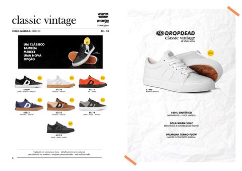 Duas páginas do catálogo. À esquerda, a grade de tênis Classic Vintage com uma faixa preta que diz “Um clássico também merece uma nova opção”. À direita, sobre fundo de papel amassado com traços laranja nos cantos, um tênis branco com o logotipo Drop Dead Classic Vintage All White Series e três destaques técnicos.